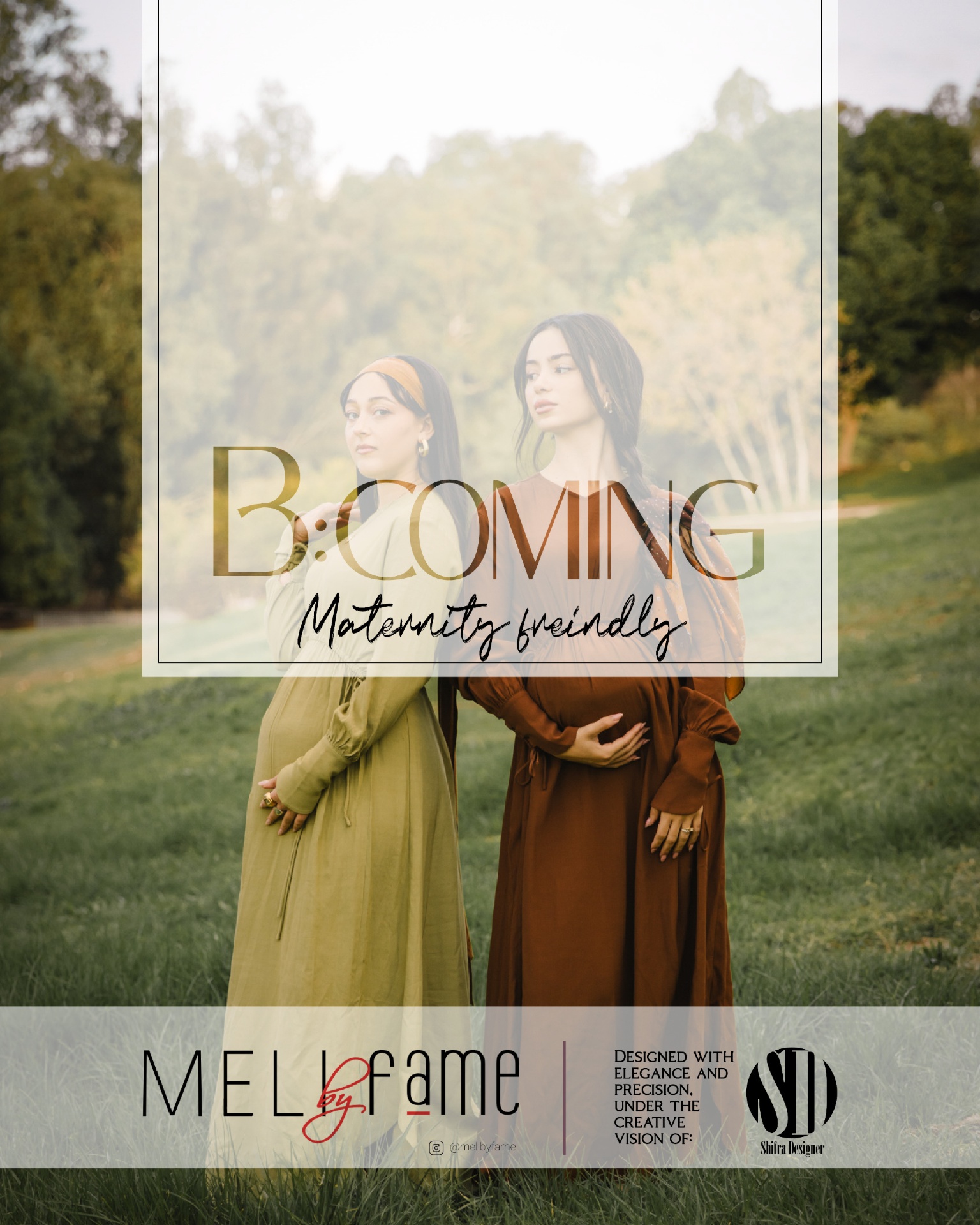 קולקציית B:Coming — שתי דוגמניות בהריון בשמלות ארוכות בגוני ירוק זית וחום חלוד, על רקע יער ומדשאה